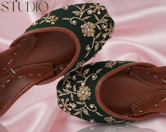 Emerald Green/blue Beaded Jutti: Handmade Punjabi Wedding Flats