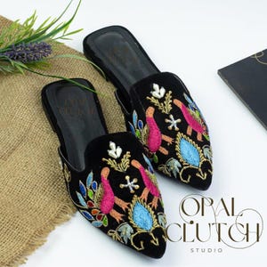 Black Peacock Bridal Sandals | Handmade Embroidery | Women&#39;s Shoes | Wedding Shoes with Block Heel Handmade Mule,Free shipping