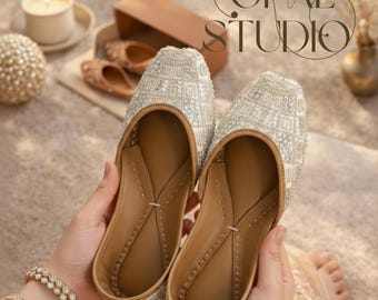 Handcrafted Silver White Vegan Jutti: Indian Wedding Mojari Khussa,bridal white shoes