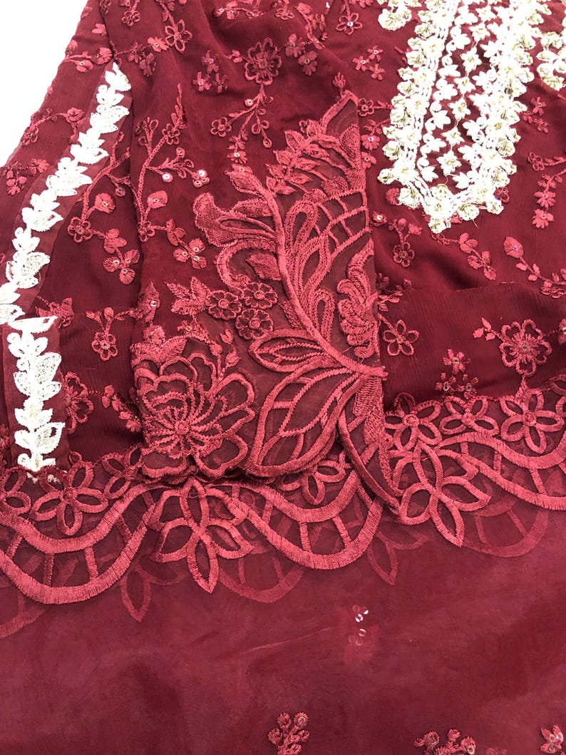 Traje de novia pakistaní de gasa roja: vestido de red bordada imagen 7