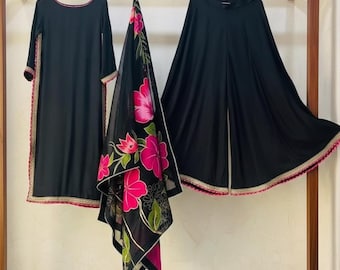 Traje de seda coreano pintado a mano: dupatta de organza bordada, prenda de fiesta pakistaní
