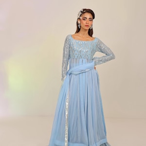 snowwhite light blue gown,sequins pishwas, blue indian frock,pakistani frock,milad,eid,indian wedding, pakistani party dress,shalwar kameez
