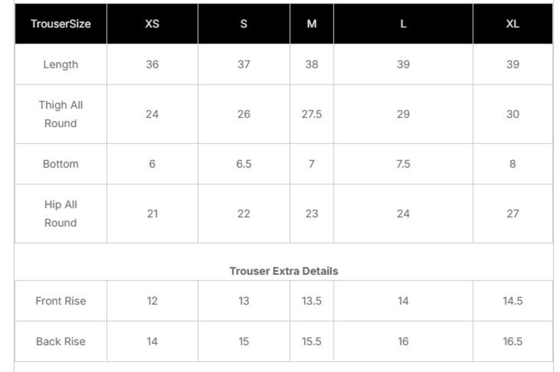 Puede incluir: Un gr&aacute;fico blanco muestra las medidas de tallas de pantalones en cent&iacute;metros. Las medidas incluyen largo, muslo, bajo, cadera, tiro delantero y tiro trasero, con tallas que van de XS a XL.
