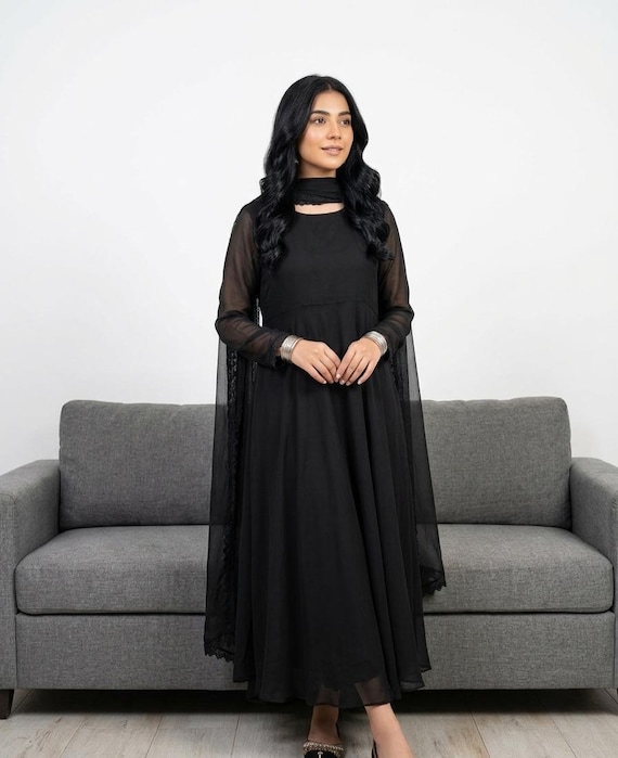 Black Georgette Anarkali Gown: Pakistani Punjabi Suit, Chiffon Dupatta