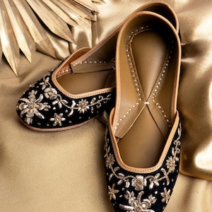 Nazakat Mukaish Jutti Royal Metallic Embroidered Flats | black trance Jutti for Women /Black Khussa Jutti/ punjabi Jutti/Free shipping,