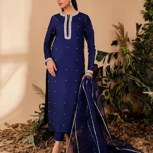 Blue Katan Silk Pakistani Dress: Pearl & Sequin Embellished Shalwar Kameez