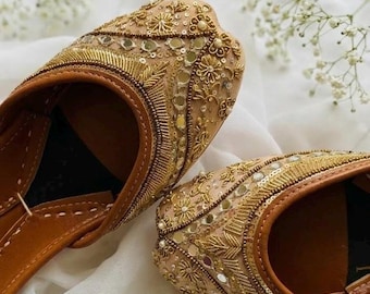 Handmade Gold Silk Jutti, Beaded & Sequined Punjabi Flats