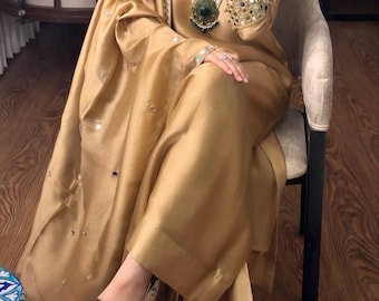 Kameez Shalwar de seda dorada, conjunto pakistaní de 3 piezas con espejos