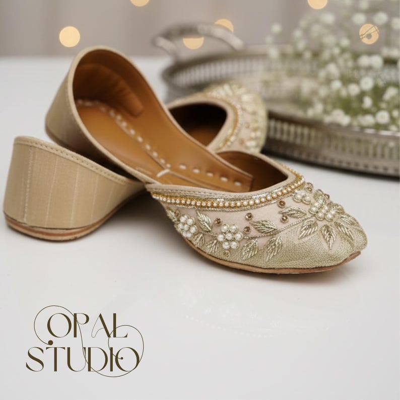 Handmade Floral Velvet Khussa Jutti – Gold & Pink, Indian Flats image 2