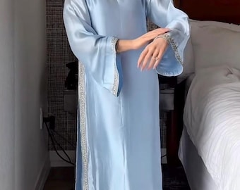 Kameez Shalwar de seda azul, traje pakistaní, trabajo en piedra, 3 piezas