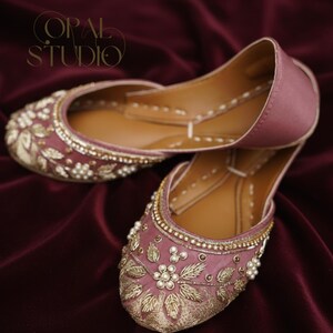 Handmade Floral Velvet Khussa Jutti – Gold & Pink, Indian Flats image 4