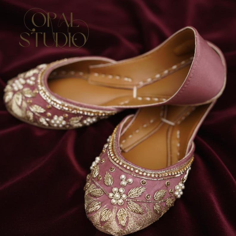 Handmade Floral Velvet Khussa Jutti – Gold & Pink, Indian Flats image 4