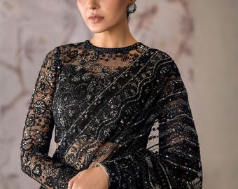 Black Sequin Saree with Embroidered Blouse: Indian Party Wear