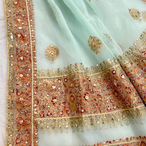 Ice Blue Organza Dupatta: Pakistani Wedding Bridal Shawl,banarsi and gotta work shawl,blue organza duppata for women,blue organza duppata