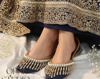 Handmade Blue Velvet Jutti: Pearl & Sequins, Punjabi Flats