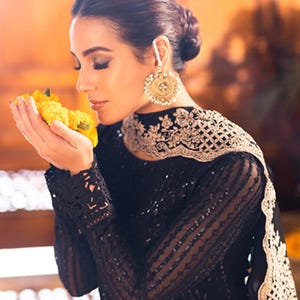 Pakistani Designer Black Chiffon Suit | Net frock Stitched Pakistani Formal Eid Suit| Embroidered with Dupatta for Weddings