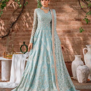 Ice Blue Embroidered Net Maxi Dress: Pakistani Wedding Outfit,pakistani designer dress,indian wedding,pakistani wedding,blue pakistani dress