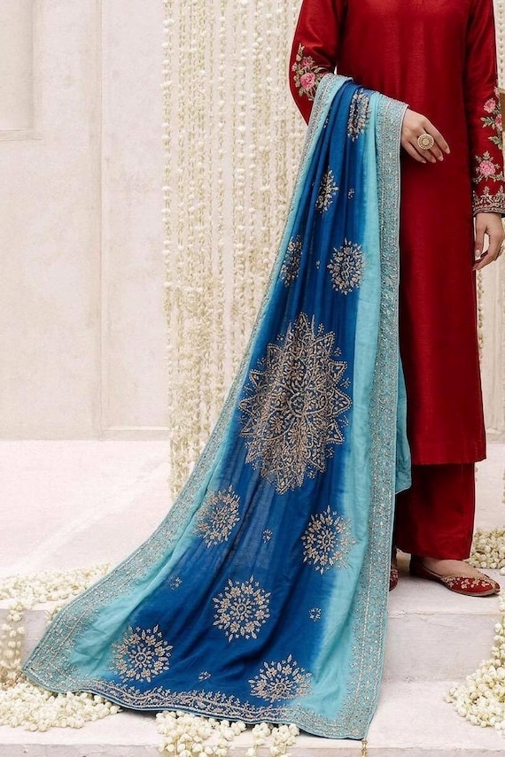 blue gota work kamdani Silk Bridal Dupatta: Pakistani blue floral Indian Shawl