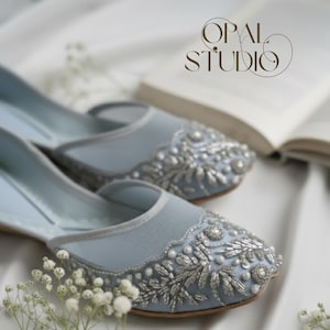 Snow Blue Bridal Jutti: Silver Mirror Embroidered Mojari Flats