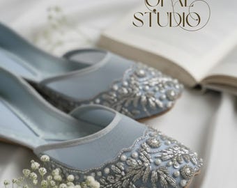 Snow Blue Bridal Jutti: Silver Mirror Embroidered Mojari Flats