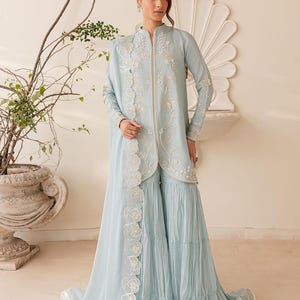 Embroidered Silk Pakistani Shalwar Kameez: Ice Blue Sharara Dress