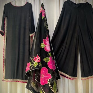 Hand-Painted Korean Silk Suit: Embroidered Organza Dupatta, Festive Pakistani Dress,handpainted organza duppata,black pakistani party wear