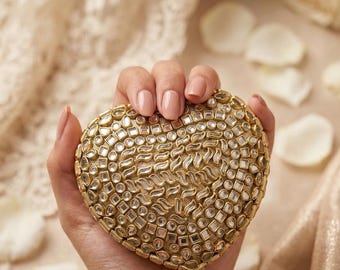 Mini heart Gold Kundan heartshaped  Bag – Ornate Crystal Embellished Bridal Moon Clutch