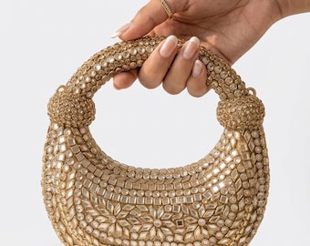 Gold Kundan Crescent Bag – Ornate Crystal Embellished Bridal Moon Clutch (4-5 inch)