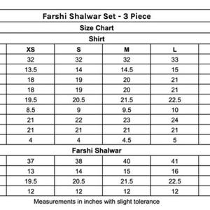 以下が含まれることがあります： Farshi Shalwar セット - 3 ピースのサイズチャート。 シャツと Farshi Shalwar のインチ単位の寸法を詳細に示し、長さ、肩幅、胸囲、ウエスト、ヒップ、アームホールなどを含みます。 サイズは XS から XL までです。