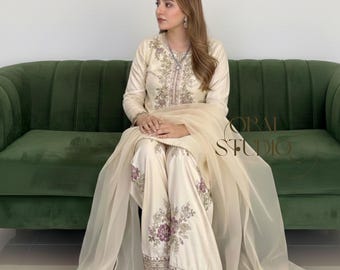 Embroidered Silk Shalwar Suit, Off-White Farshi, Organza Dupatta
