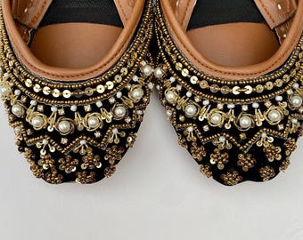 Black & Gold Bridal Jutti Flats: Handmade Pakistani Wedding Shoes