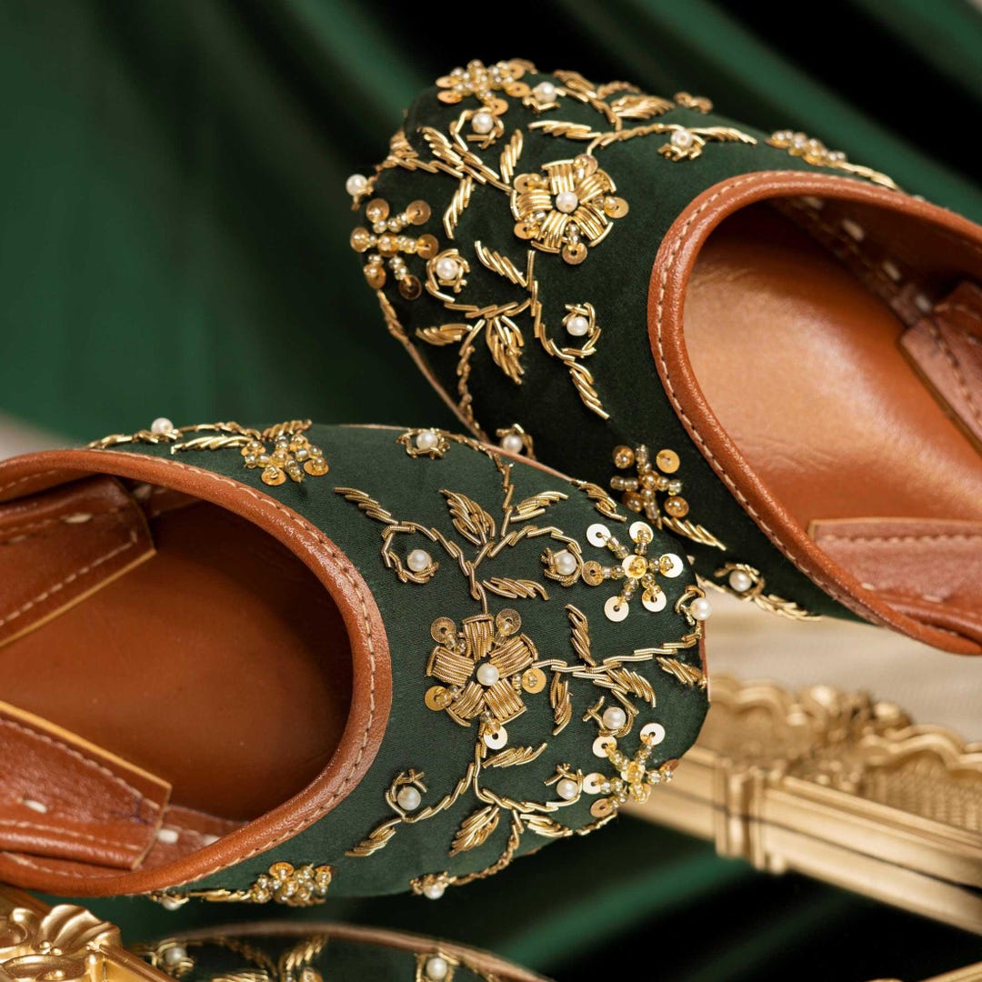 Emerald Green Beaded Jutti Shoes: Handmade Punjabi Wedding