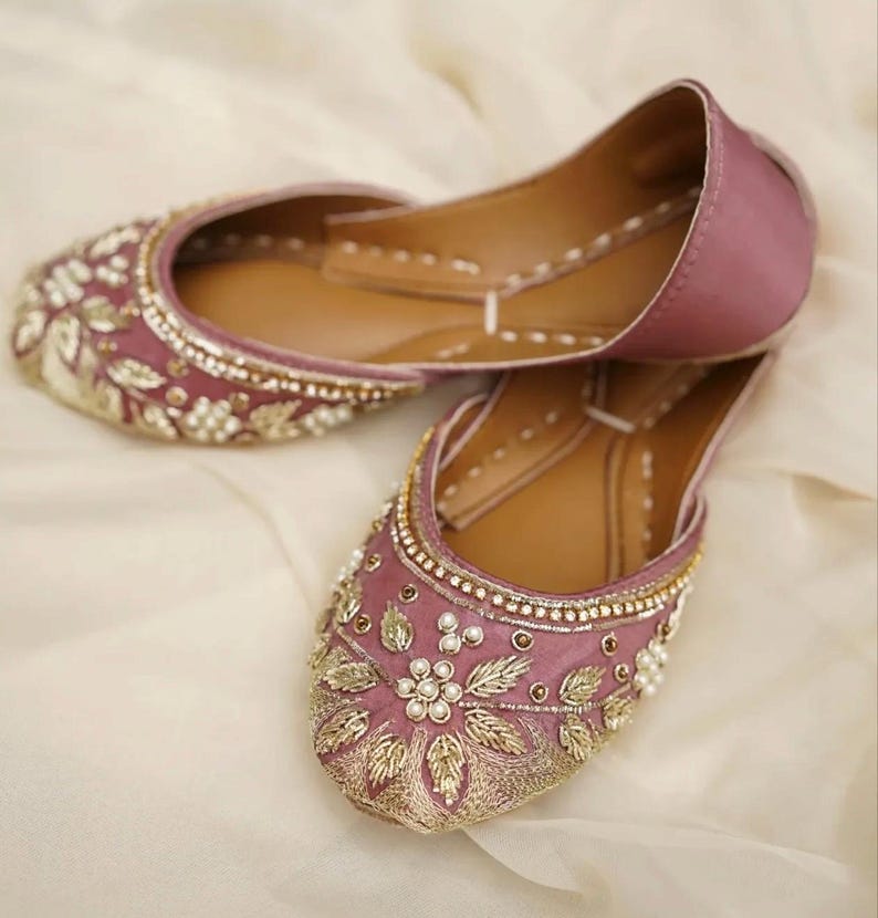 Handmade Floral Velvet Khussa Jutti – Gold & Pink, Indian Flats image 3