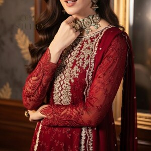 Traje de novia pakistaní de gasa roja: vestido de red bordada imagen 2