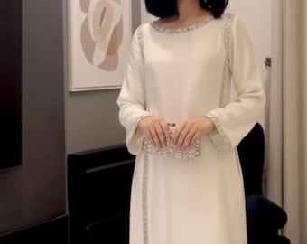 Vestido pakistaní blanco con cuentas: traje de seda bordado a mano/vestido formal pakistaní/camisa blanca y pantalón pakistaní/vestido indio modesto/boda/