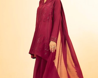 Embroidered  Silk Farshi Shalwar Kameez: Pakistani 3-Piece Suit