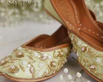 Ballerine Khussa da sposa: Jutti verde menta e oro, scarpe da sposa pakistane realizzate a mano
