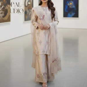 Kamdani Silk Punjabi Suit: Beige Short Kurta, Trouser & Dupatta image 1
