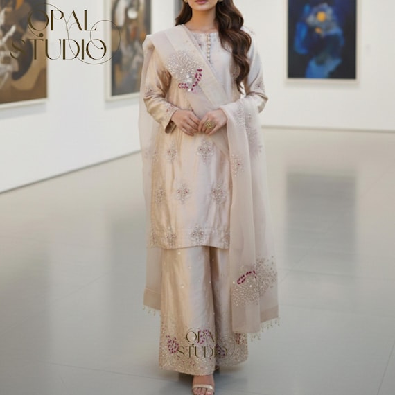 Kamdani Silk Punjabi Suit: Beige Short Kurta, Trouser & Dupatta