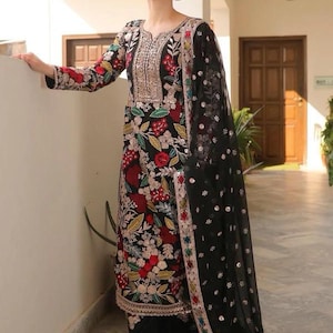 Kashmiri dress for qawali night dress, 3 pc stitched pakistan wedding suit Handmade and Embellished duppatta and black Indian dress