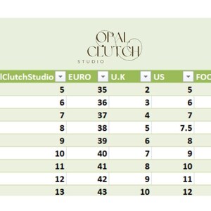 May include: A size chart from Opal Clutch Studio, displaying shoe sizes in Euro, UK, US, and foot centimeters. The chart includes sizes from US size 5 (21.2 cm) to US size 12 (27.2 cm). The Opal Clutch Studio logo is at the top.