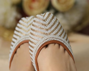 Fairy Wings Pearl Beaded Khussa Flats | Bridal & Evening Wear Jutti | Handmade Slip-On Shoes for Women/Women's jutti|Free shipping