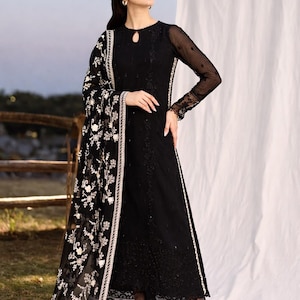 Embroidered Black Chiffon Pakistani Suit: Silk Trousers, Dupatta