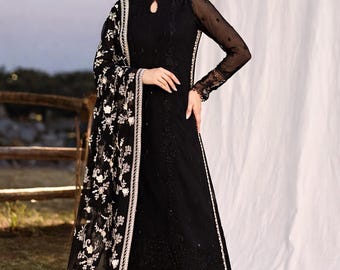 Embroidered Black Chiffon Pakistani Suit: Silk Trousers, Dupatta