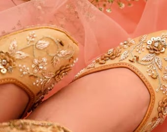 Handmade Gold Floral Jutti: Silk Punjabi Mojari Bridal Flats