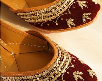 Luxurious Maroon Velvet Khussa Juttis for the Elegant Bride | Handcrafted Punjabi Flats | Free Shipping Included\handmade jutti