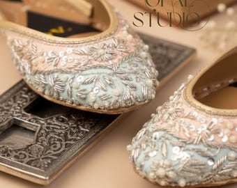 Embroidered Peach & Blue Jutti: Sequin Pearl Khussa Mojari,bridal shoes