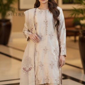 Kamdani Silk Punjabi Suit: Beige Short Kurta, Trouser & Dupatta image 3