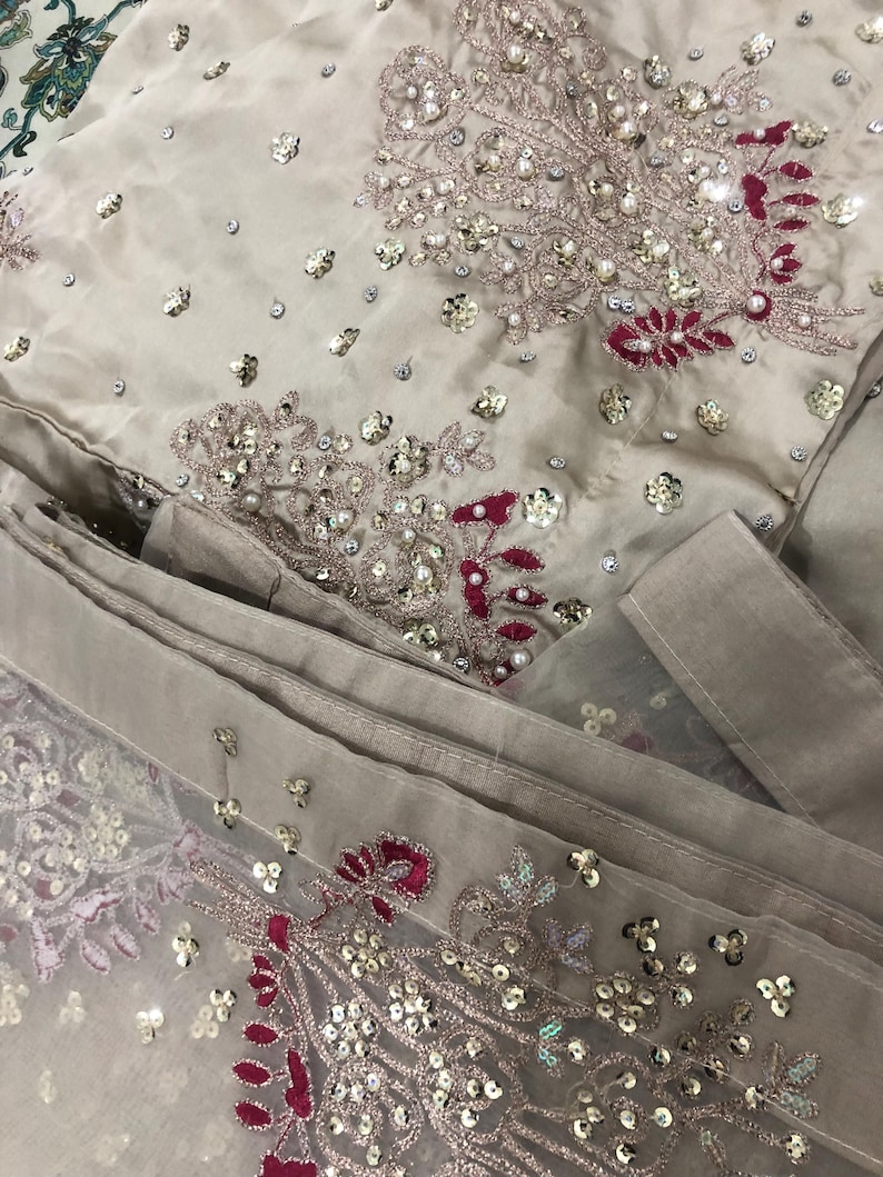 Kamdani Silk Punjabi Suit: Beige Short Kurta, Trouser & Dupatta image 10