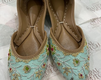 Handmade Silk Jutti: Pink & Mint Floral Khussa Mojari Flats